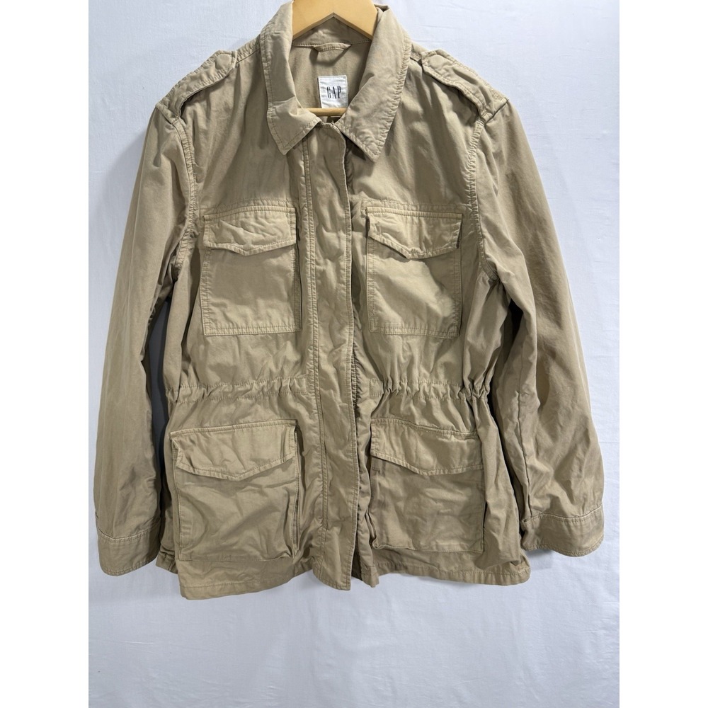 Gap Women Jacket Tan Utility Chore Barn Shacket Canvas Cotton Full Snap Sz Large